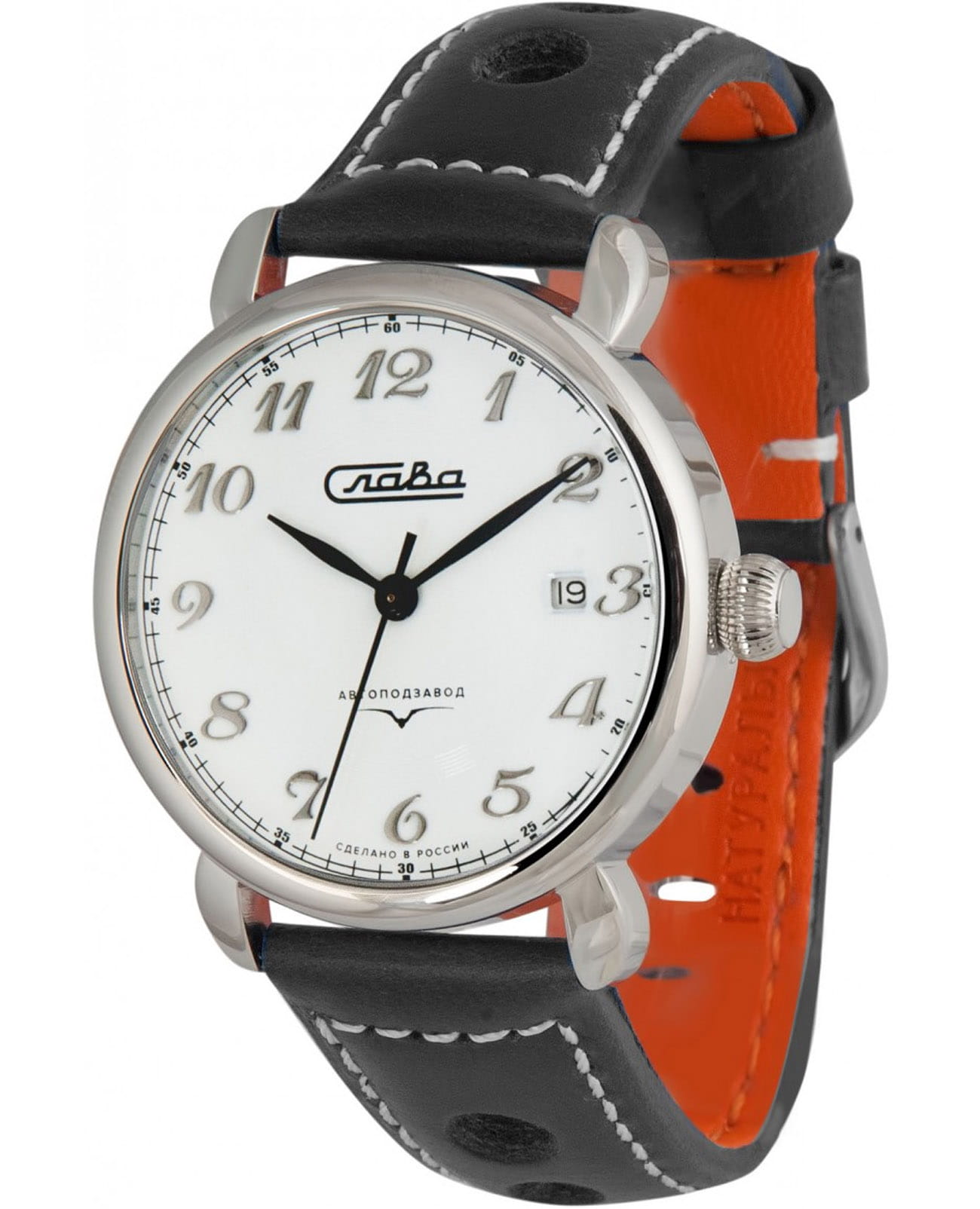 Слава Слава Традиция 2410498/300-1612  2410498/300-1612 механические мужские часы белый циферблат, браслет кожаный — вид спереди